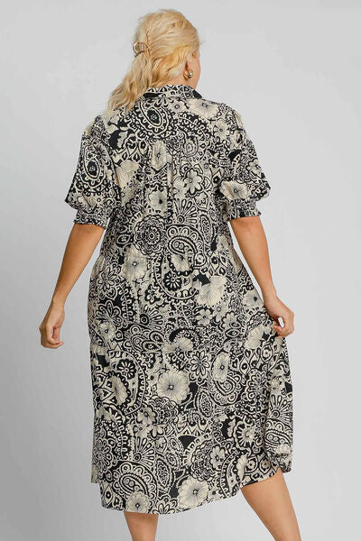 Black Printed Smocked Cuff Puff Sleeve Midi Dress - Tigbul's Variety Fashion Shop