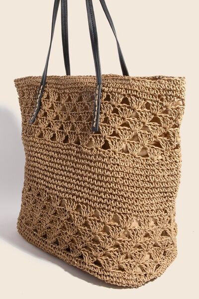 Mustard Faux Leather Handle Knitted Tote Bag - Tigbul's Variety Fashion Shop