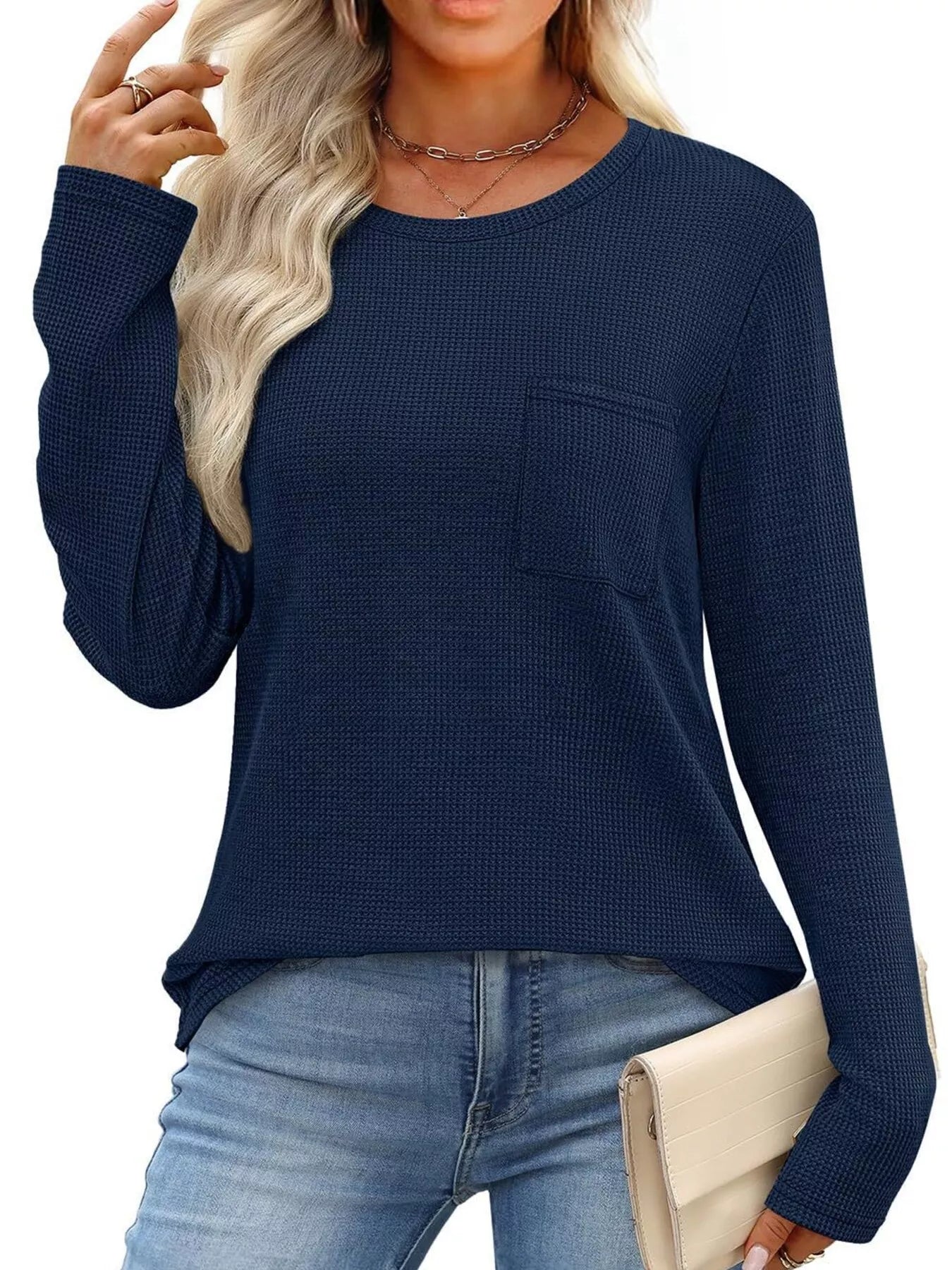 Waffle Knit Long Sleeve Pocket T-Shirt - Tigbul's Variety Fashion Shop