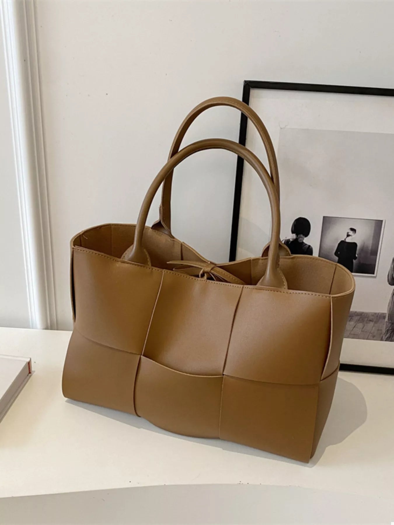 Woven Faux Leather Tote Bag - Tigbul's Variety Fashion Shop