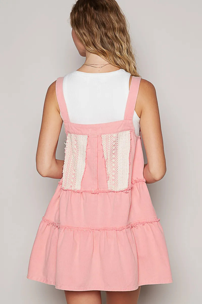 POL Lace Patchwork Detail Denim Overall Dress - Tigbul's Variety Fashion Shop