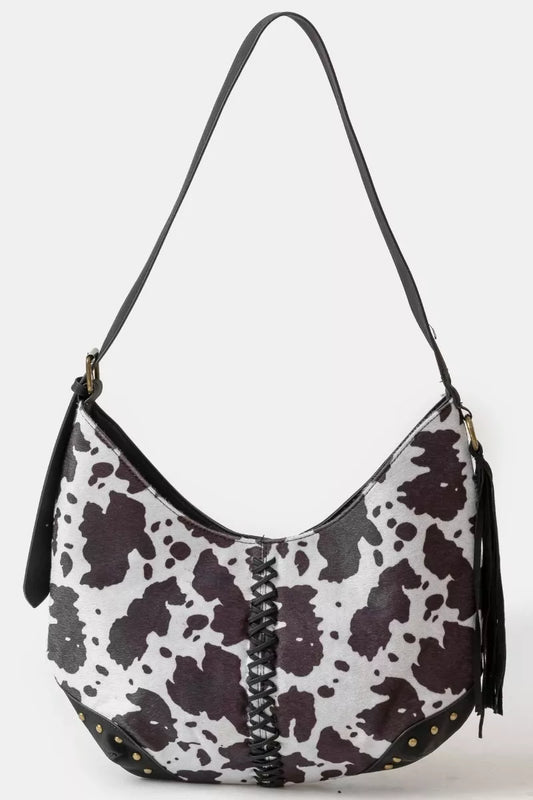 Fame Cow Print Hobo Shoulder Bag with Studded Details - Tigbul's Variety Fashion Shop