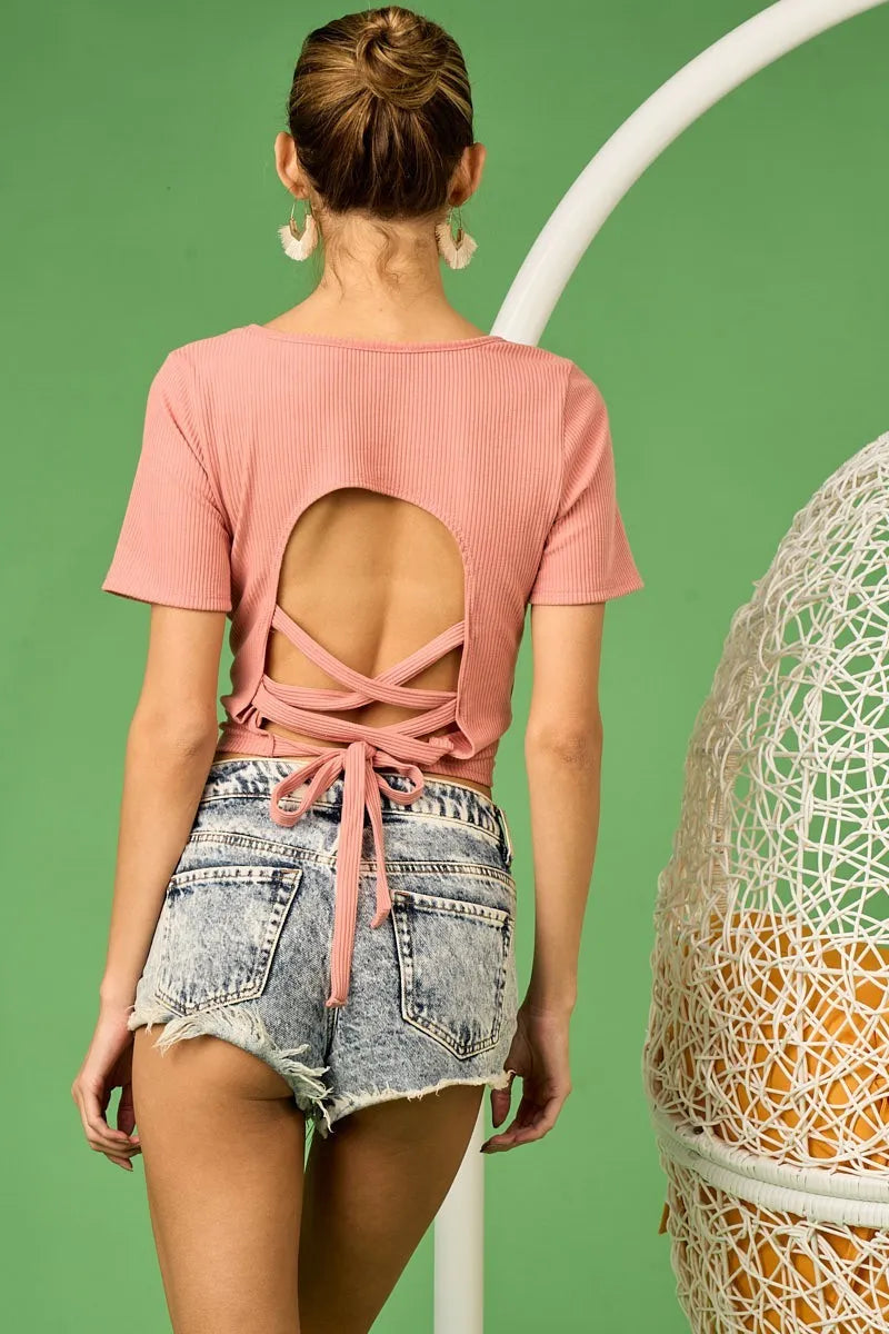 Rib Knit with Back Cross and Tied Detailed Top - Tigbul's Variety Fashion Shop