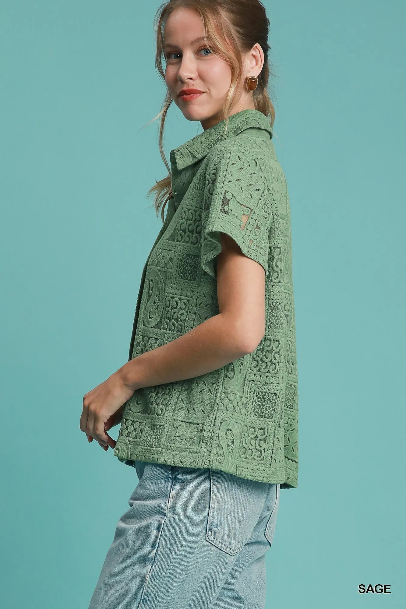 Umgee Patch Lace Short Sleeve Button Down Shirt - Tigbul's Variety Fashion Shop