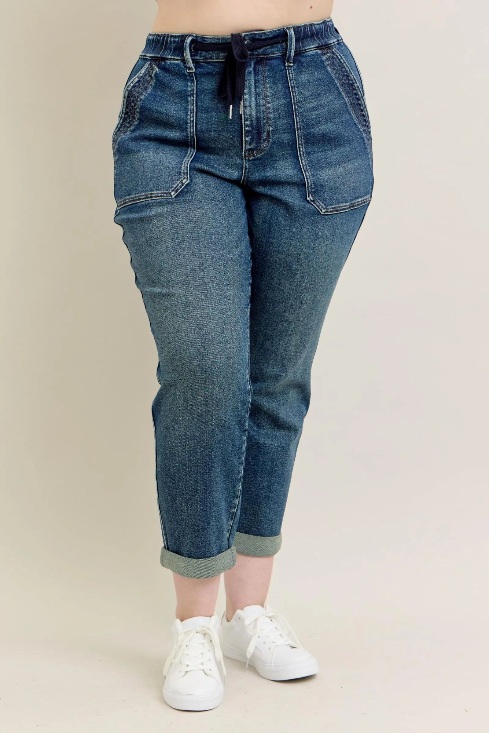 Judy Blue Full Size HW Vintage Wash Jeans w/ Drawstring Plus Size - Tigbul's Variety Fashion Shop