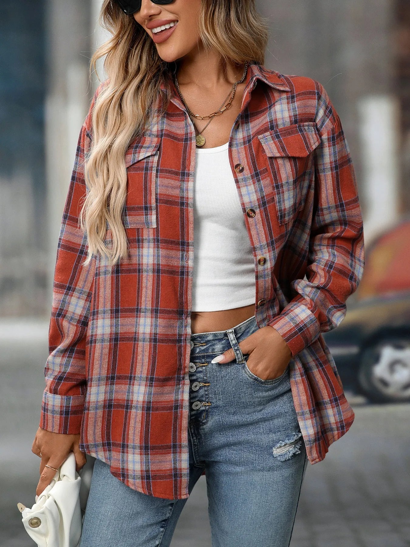 Plaid Button-Down Oversized Shirt - Tigbul's Variety Fashion Shop