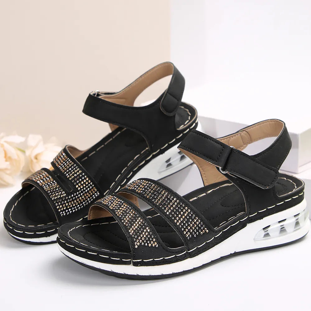 Open Toe Inlaid Rhinestone Wedge Sandals - Tigbul's Variety Fashion Shop