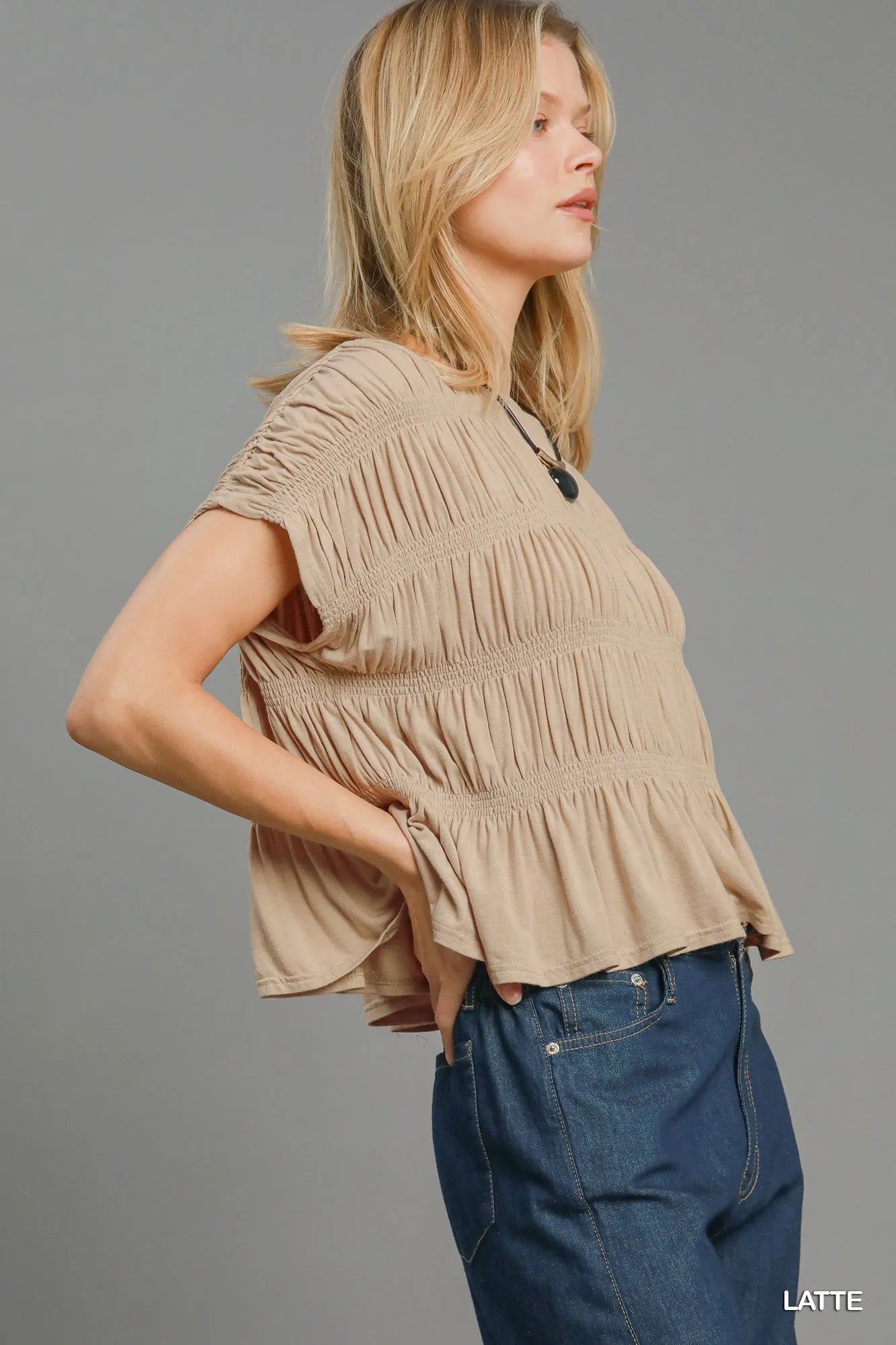 Umgee Short Sleeve Knit Smocked Top - Tigbul's Variety Fashion Shop