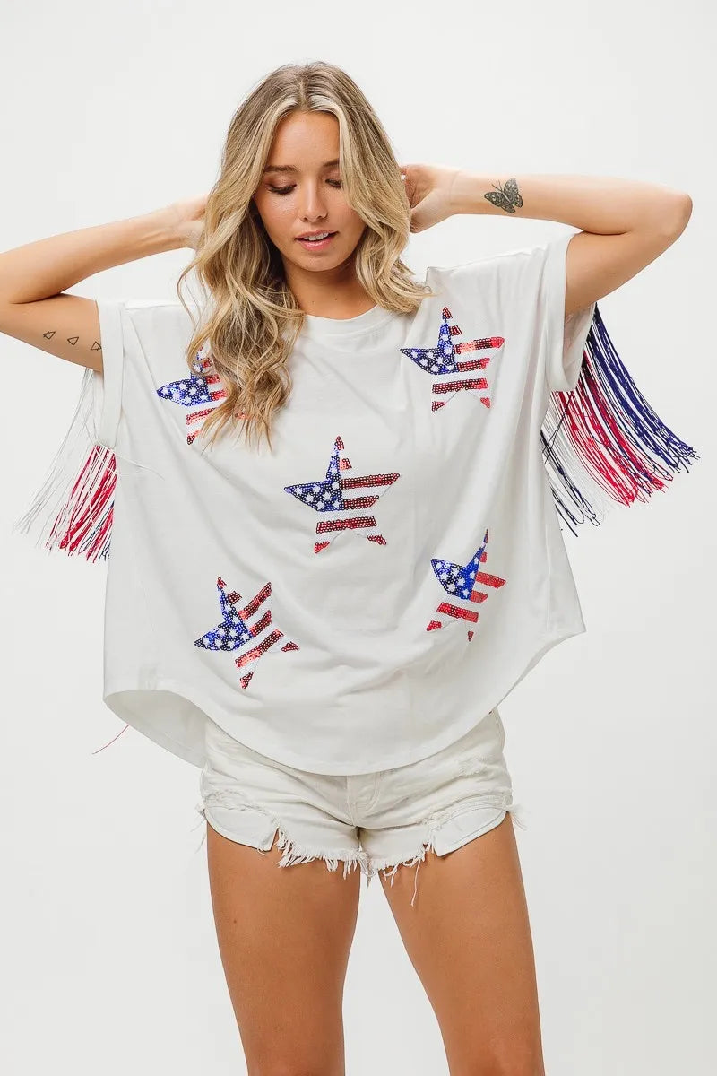 American Flag Sequin Star Fringe Top - Tigbul's Variety Fashion Shop