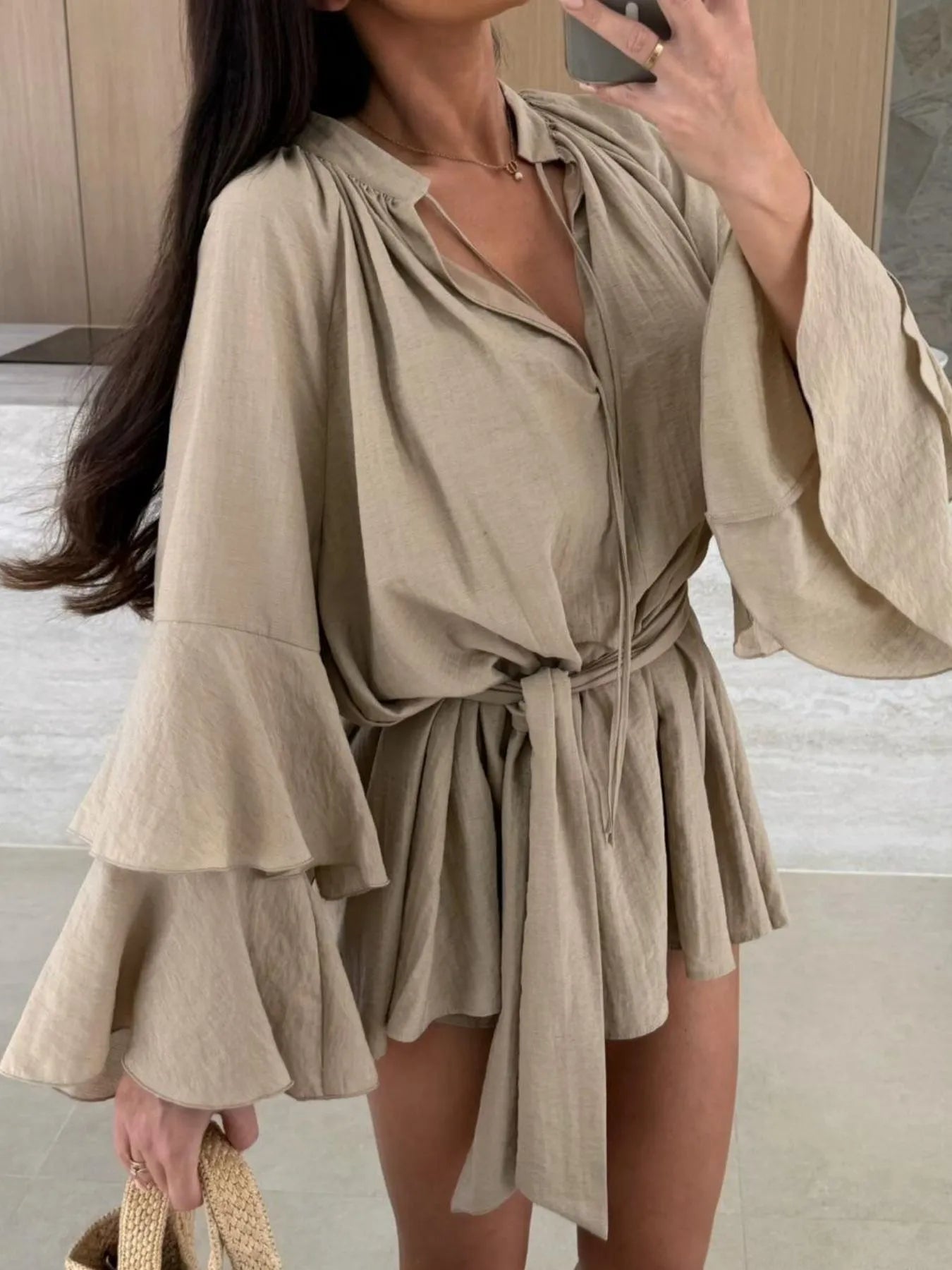 Bell Sleeve Tie Waist Mini Shirt Dress - Tigbul's Variety Fashion Shop