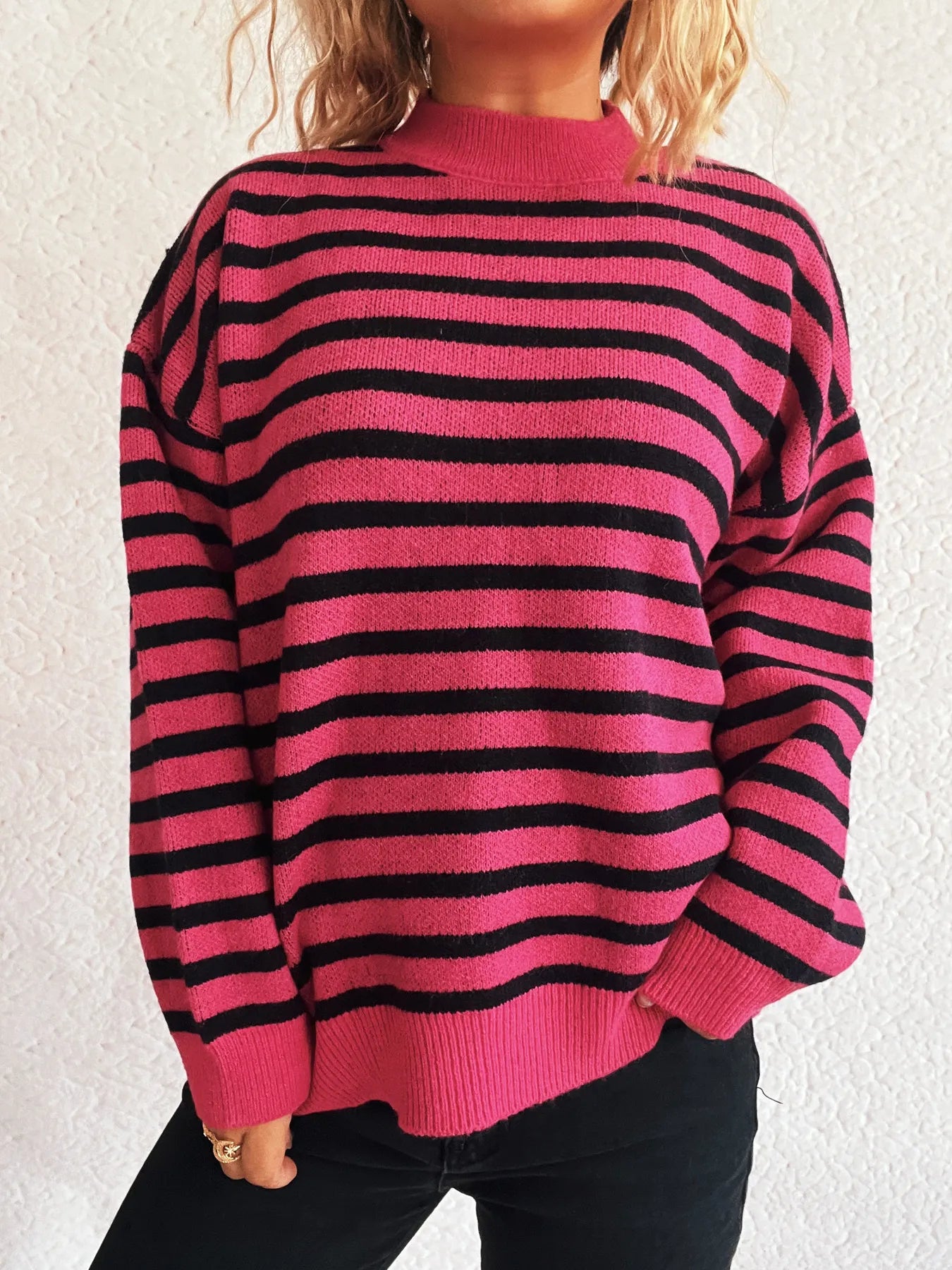 Striped Mock Neck Long Sleeve Sweater - Tigbul's Variety Fashion Shop