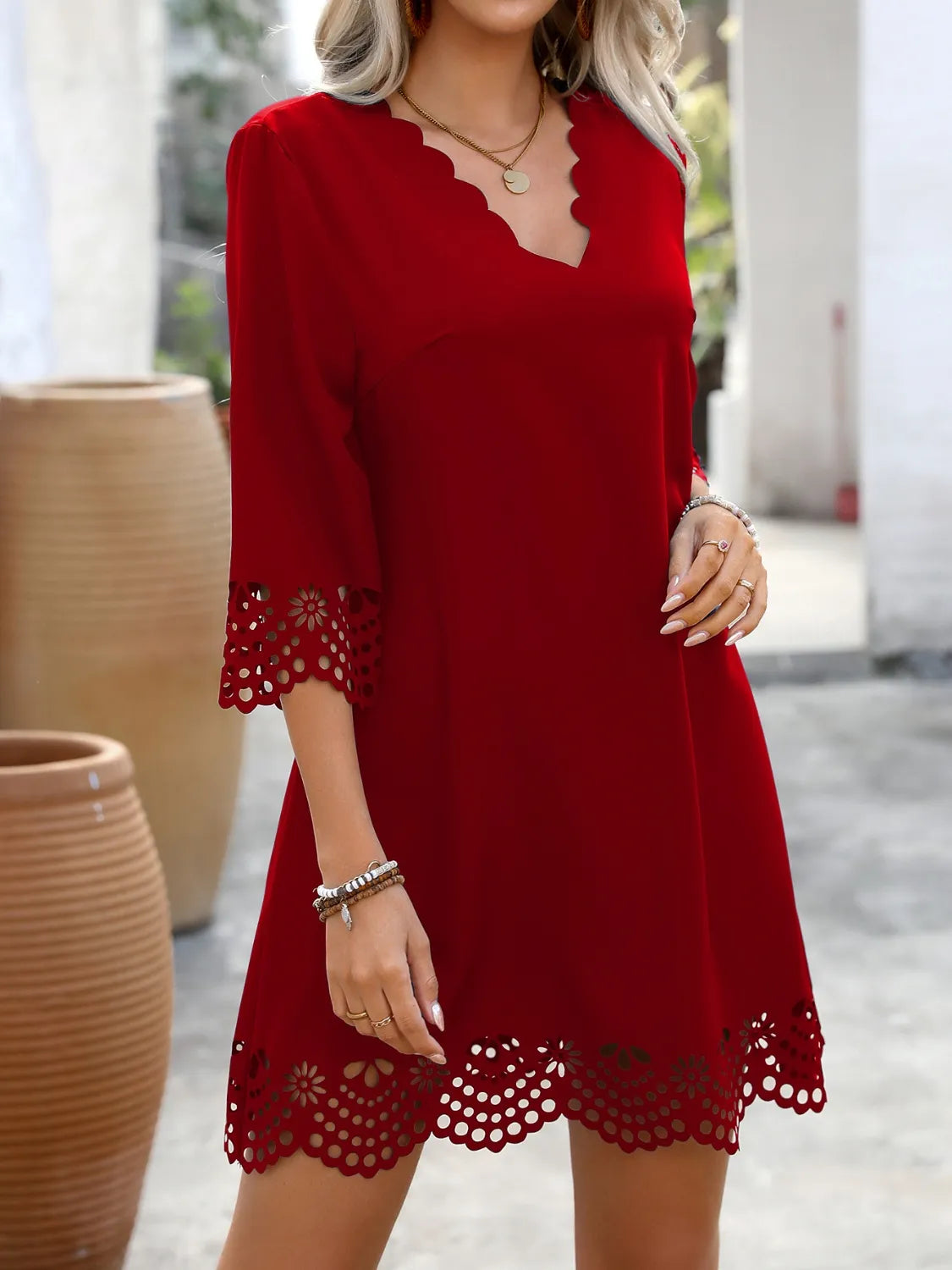 Cutout V-Neck Three-Quarter Sleeve Mini Dress - Tigbul's Variety Fashion Shop