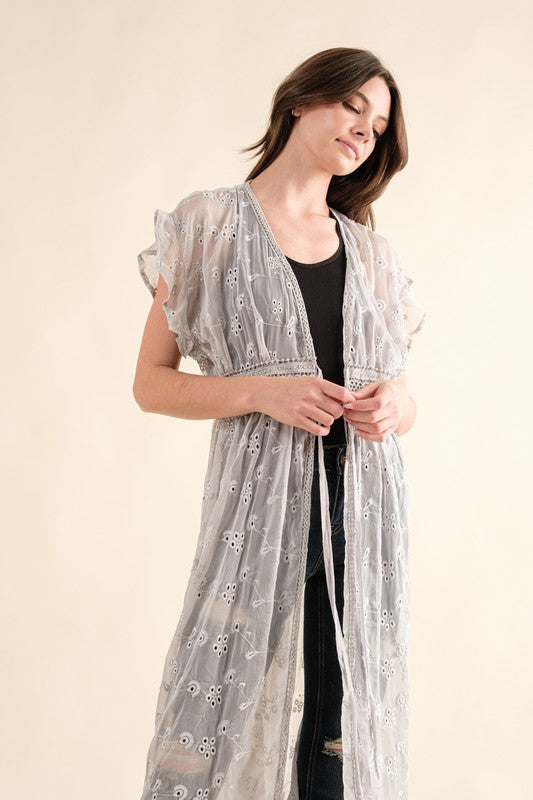 CHIFFON EMBROIDERY LACE KIMONO DUSTER CARDIGAN - Tigbul's Variety Fashion Shop
