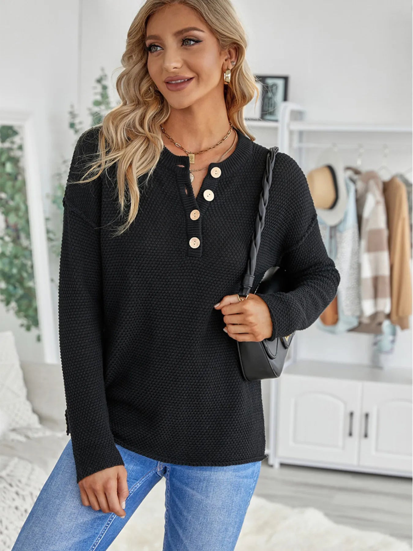 Button Detail Long Sleeve Knit Top - Tigbul's Variety Fashion Shop