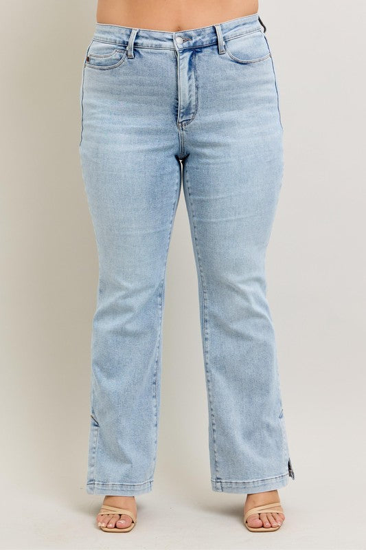 Judy Blue Full Size Tummy Control Vintage Wash Side Slit Slim Boot Jeans Plus Size - Tigbul's Variety Fashion Shop