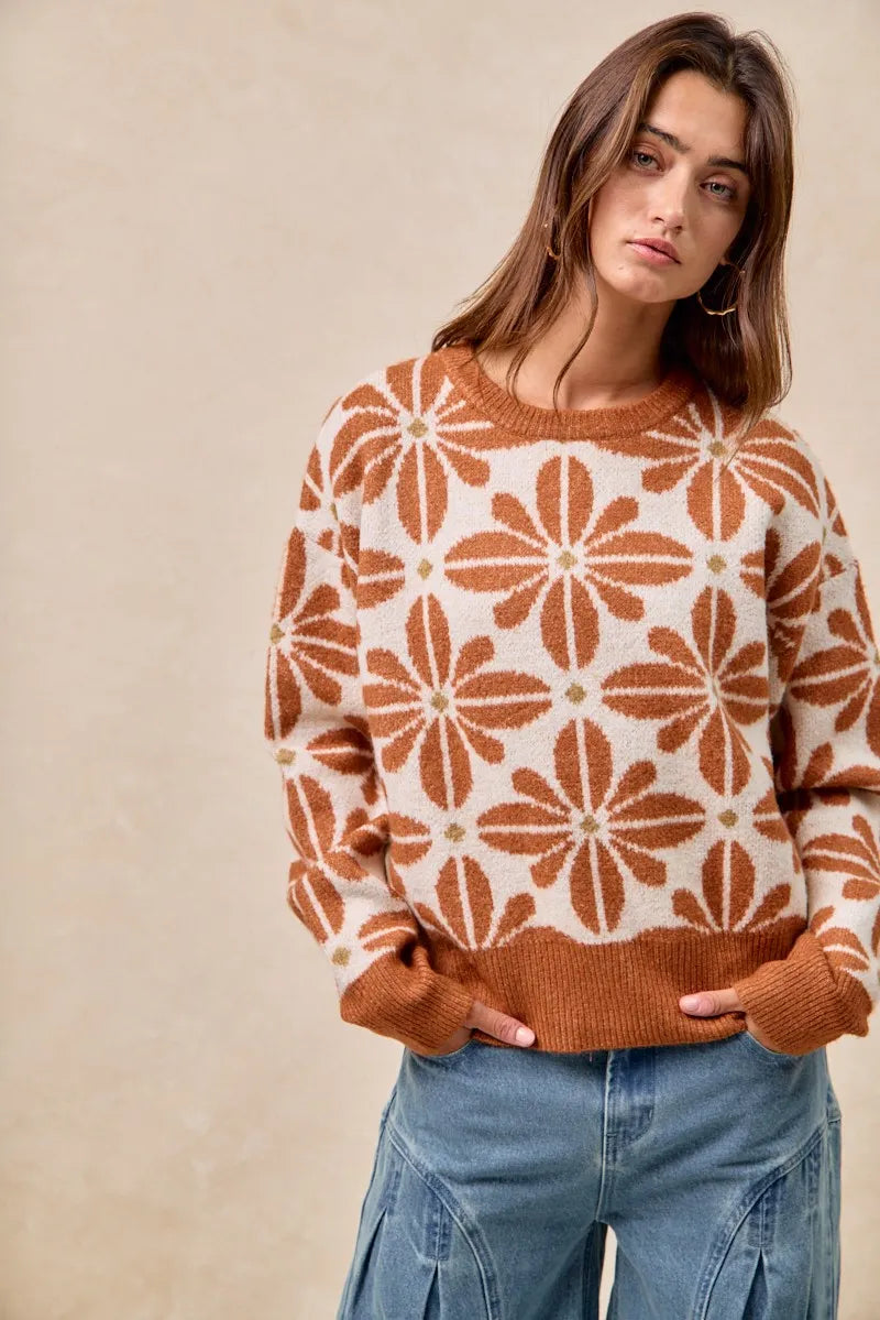 BiBi Flower Pattern Long Sleeve Sweater - Tigbul's Variety Fashion Shop