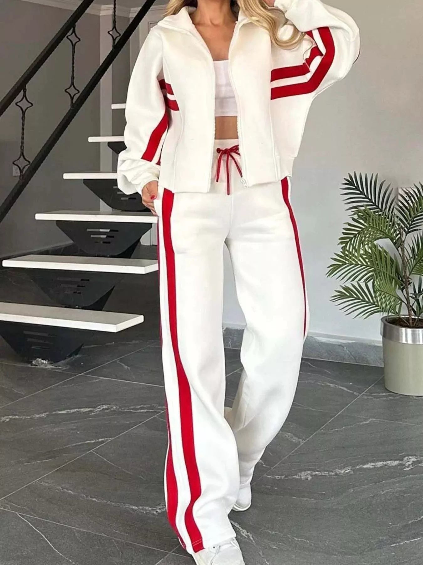 Full Size Contrast Stripe Zip Up Jacket and Pants Set Plus Size - Tigbul's Variety Fashion Shop