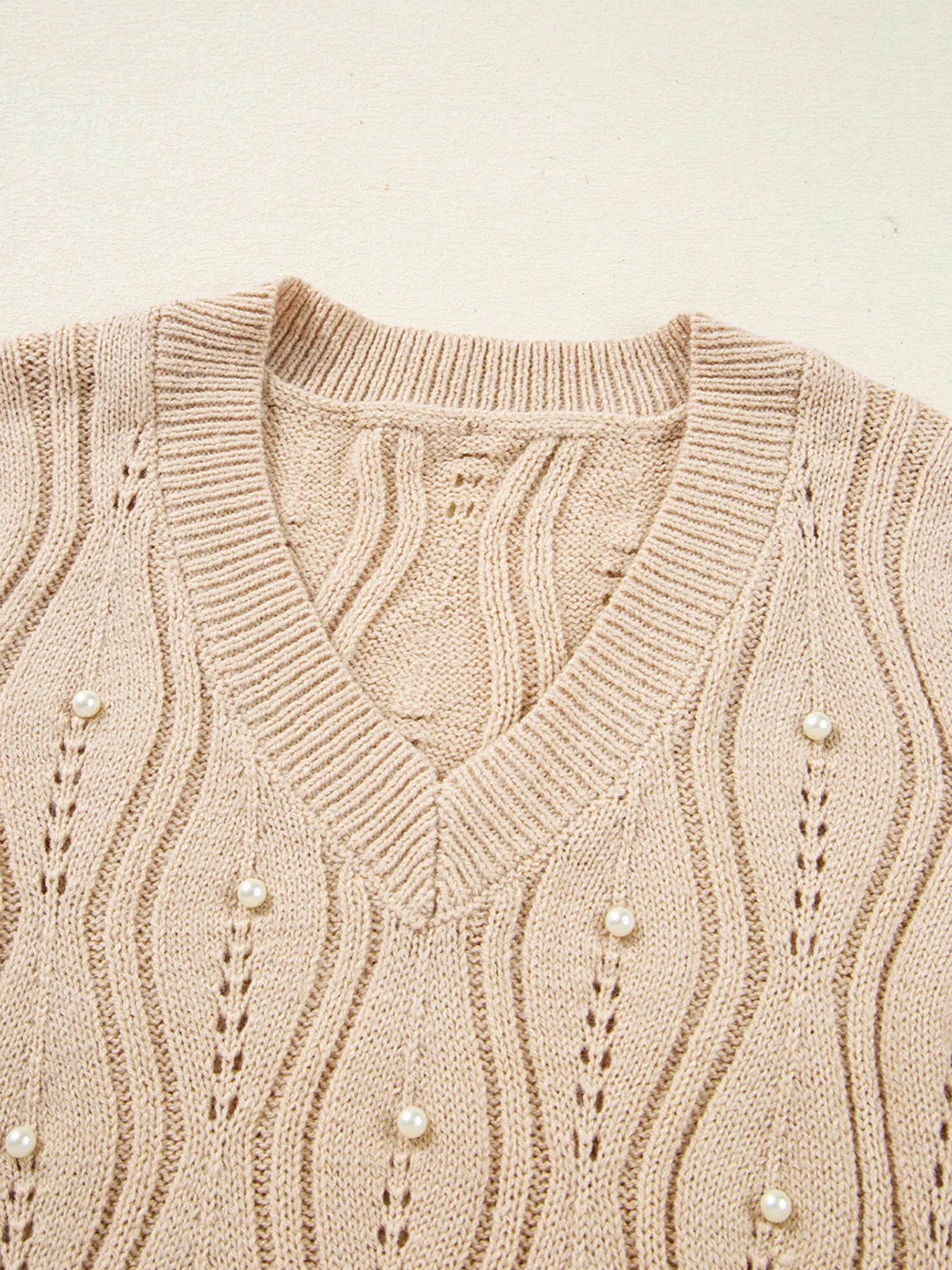 Pearl Beaded Pointelle Knit V Neck Lace Patchwork Sleeve Sweater - Tigbul's Variety Fashion Shop