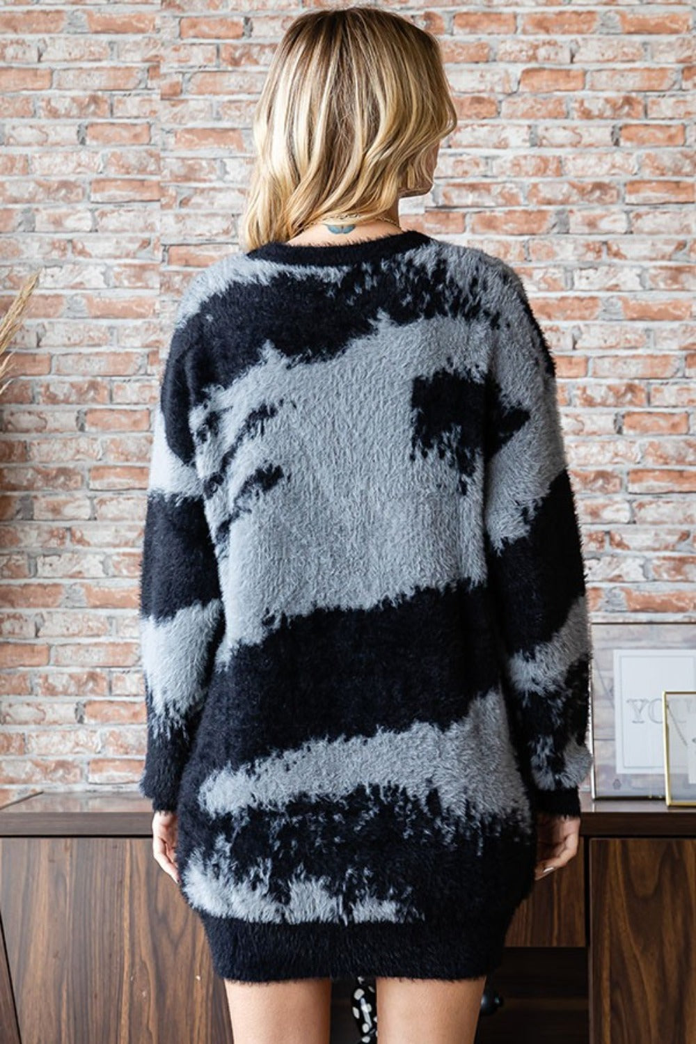 First Love Full Size Abstract Pattern Contrast Feather Yarn Sweater - Tigbul's Variety Fashion Shop