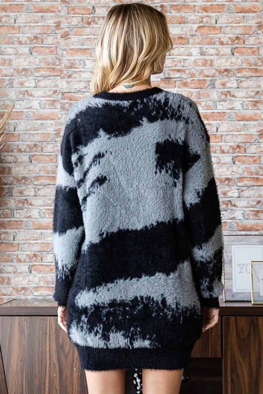 First Love Full Size Abstract Pattern Contrast Feather Yarn Sweater - Tigbul's Variety Fashion Shop
