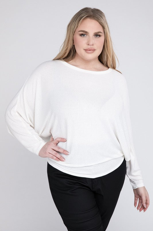 Plus Ribbed Batwing Long Sleeve Boat Neck Sweater - Tigbul's Variety Fashion Shop