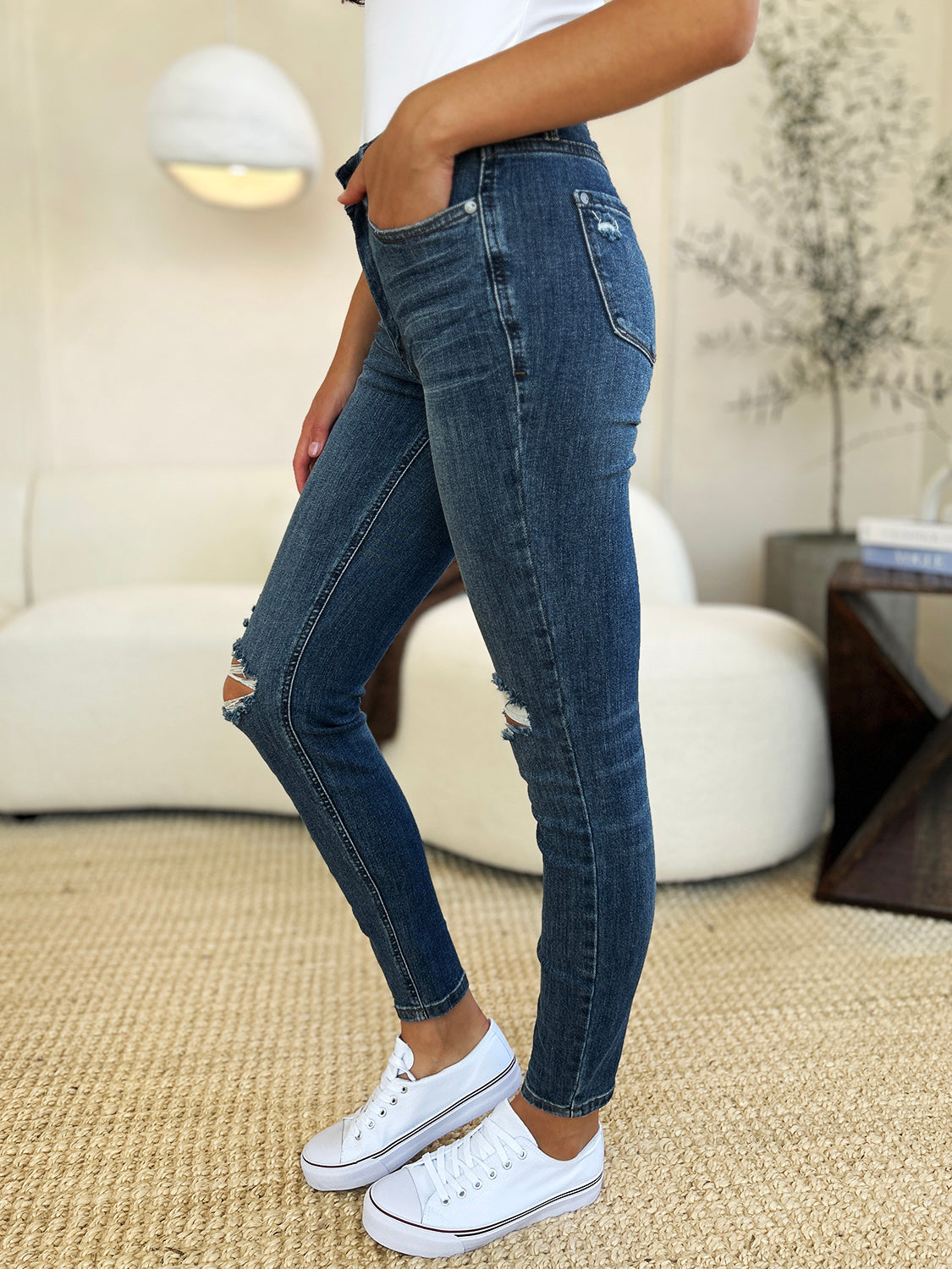 Judy Blue Full Size Mid Waist Distressed Slim Jeans - Tigbul's Variety Fashion Shop