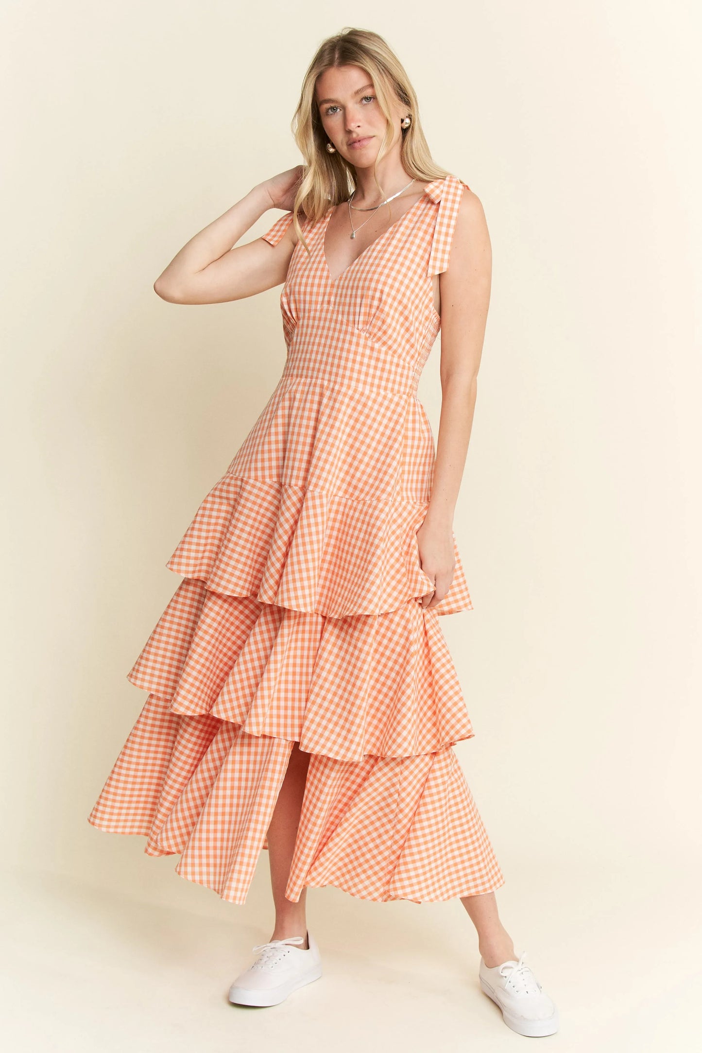 Orange Sleeveless Gingham Print Tiered Midi Dress - Tigbul's Variety Fashion Shop