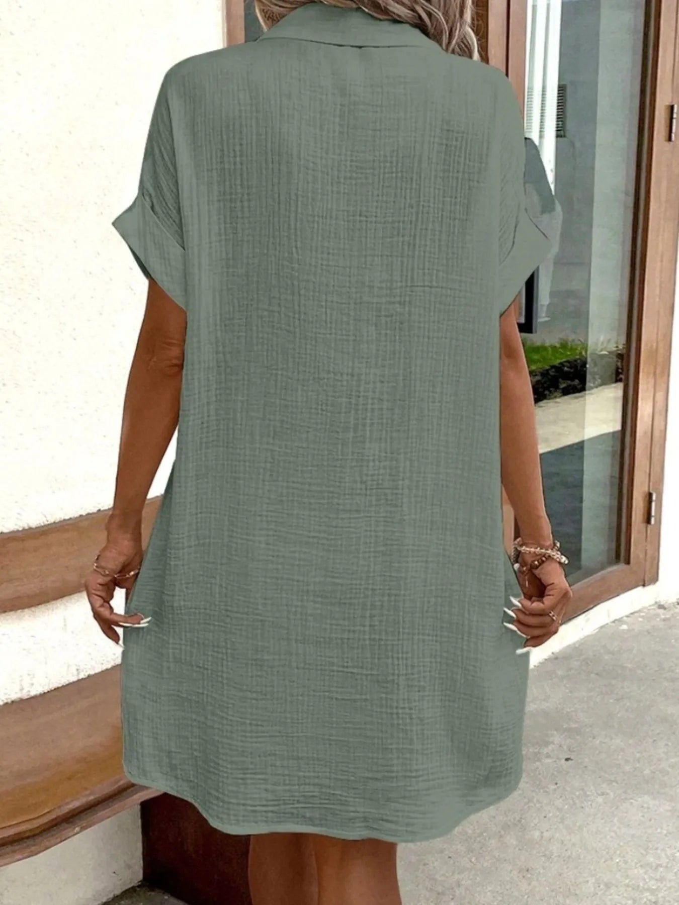 Casual Button Down Cotton Shirt Dress with Pockets - Tigbul's Variety Fashion Shop
