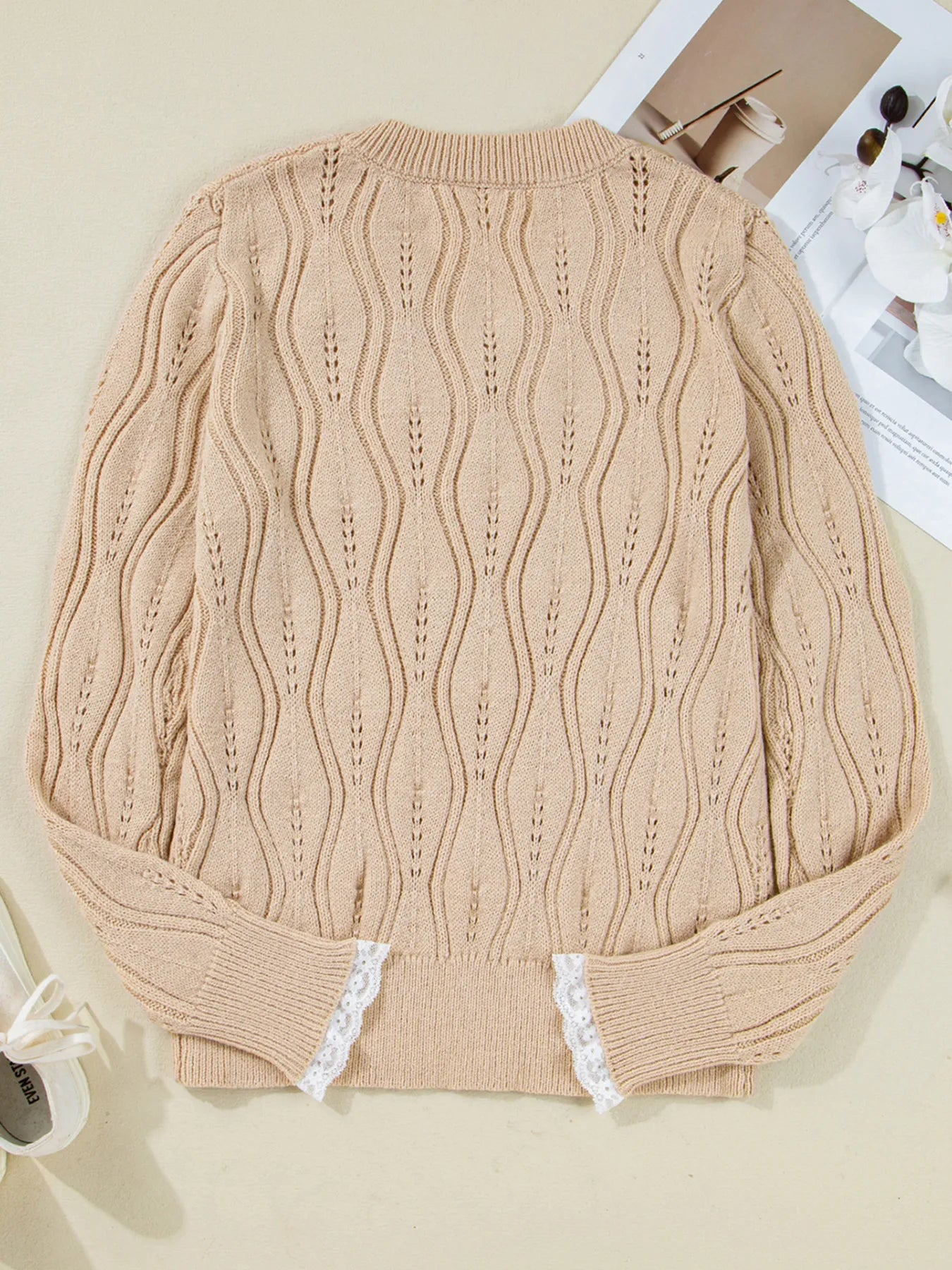 Pearl Beaded Pointelle Knit V Neck Lace Patchwork Sleeve Sweater - Tigbul's Variety Fashion Shop