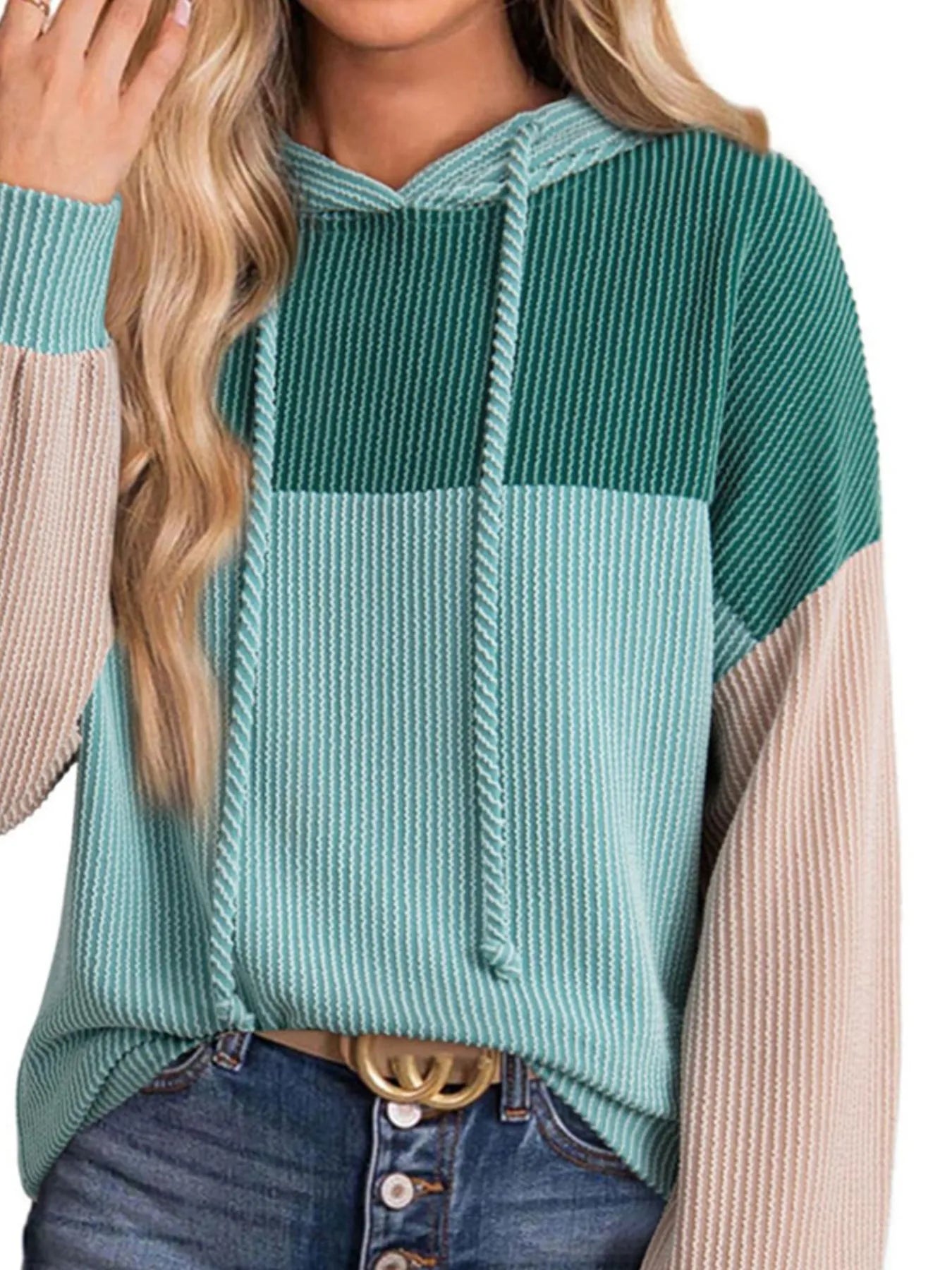 Drawstring Color Block Long Sleeve Hoodie - Tigbul's Variety Fashion Shop