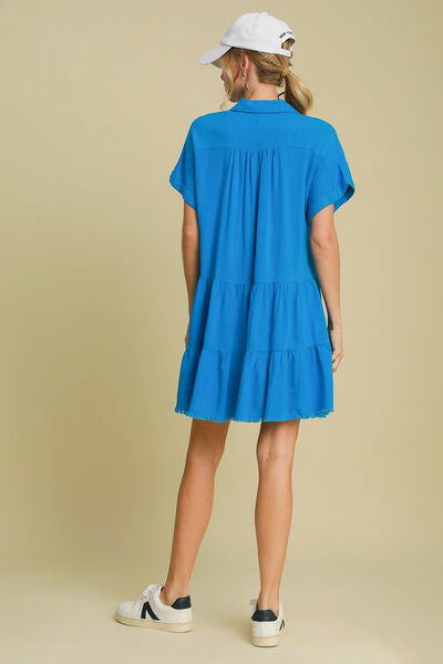 Blue Raw Hem Folded Sleeve Tiered Dress - Tigbul's Variety Fashion Shop