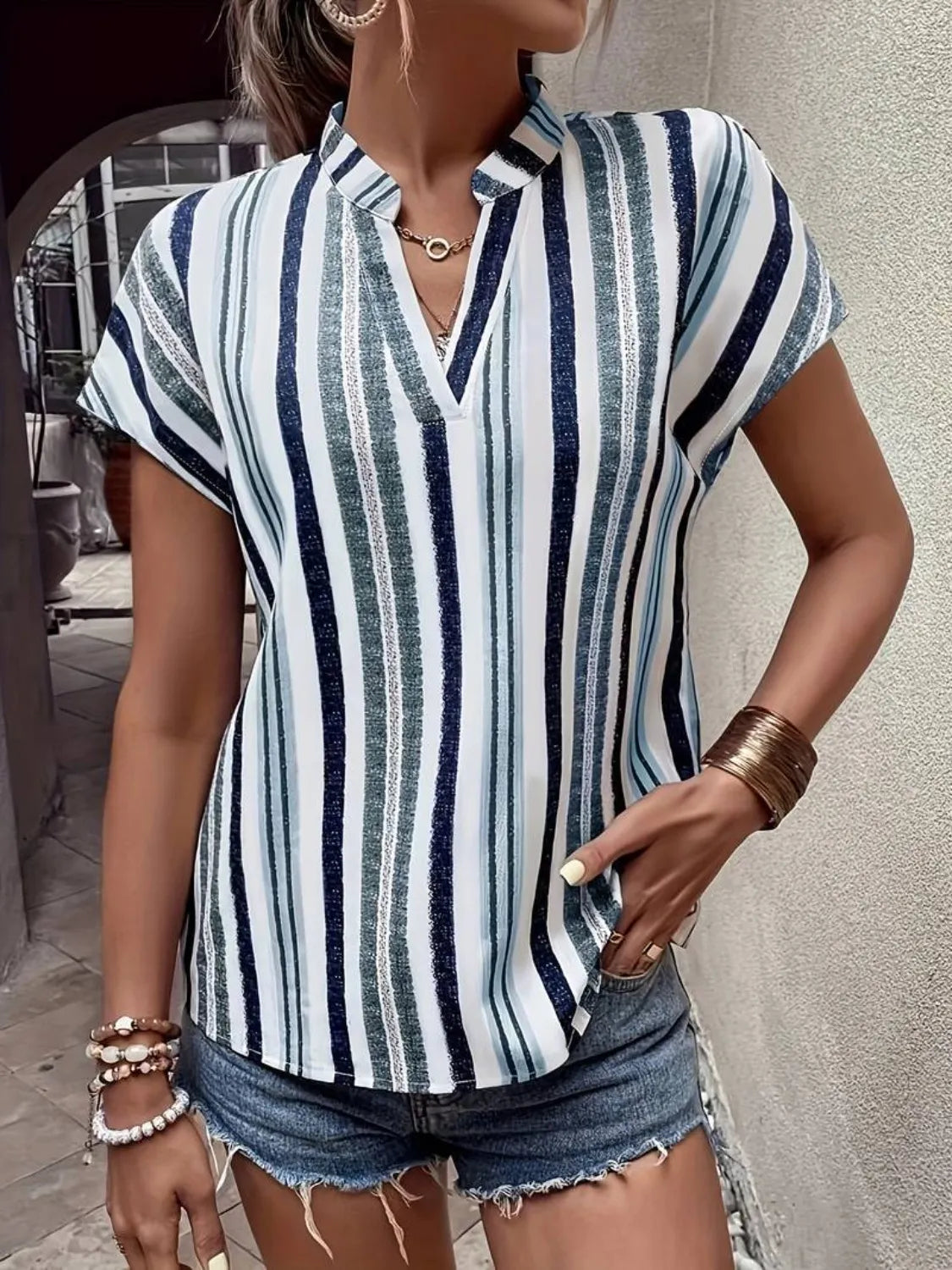 Striped Notched Short Sleeve Shirt - Tigbul's Variety Fashion Shop