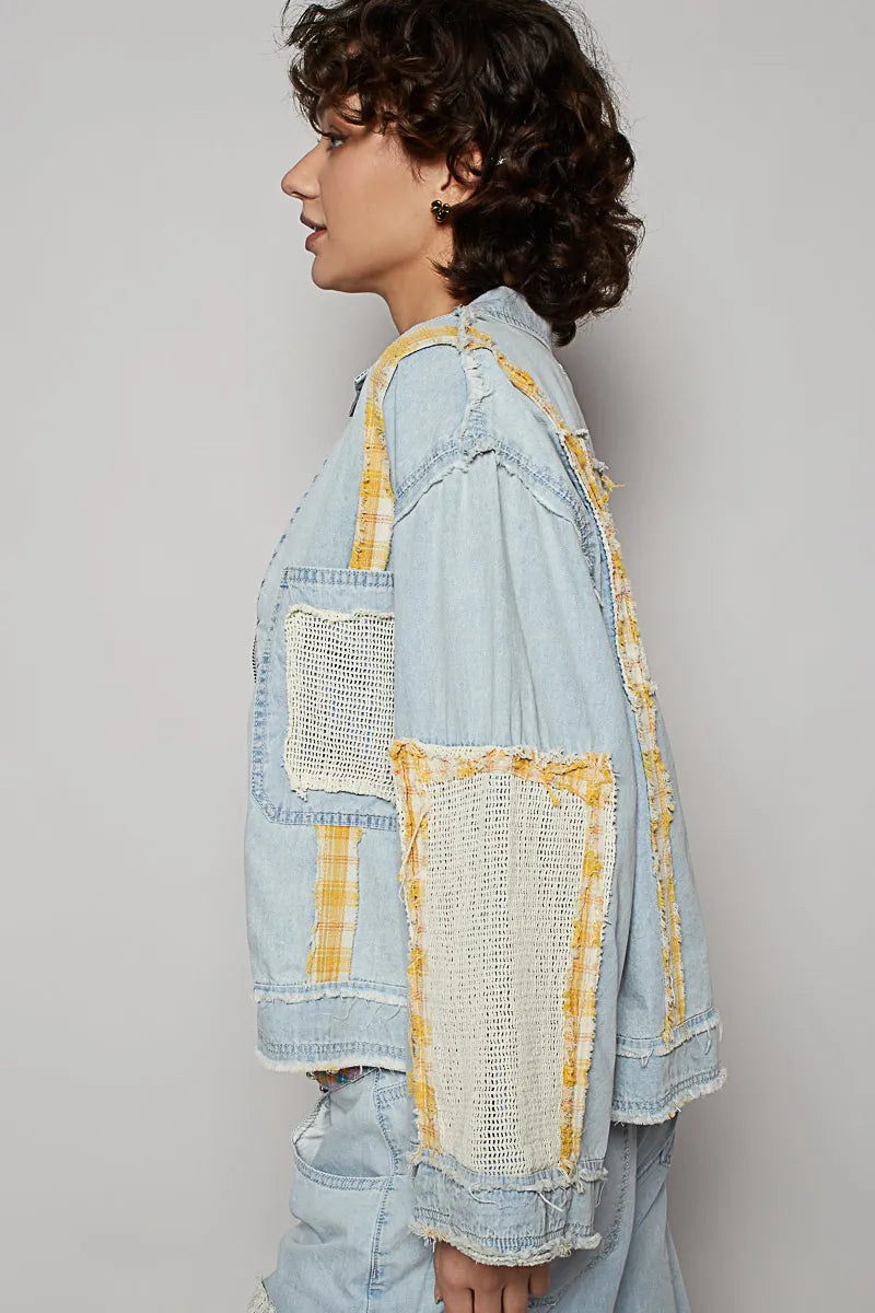 POL Raw Hem Zip Up Denim Jacket with Plaid and Crochet Patch - Tigbul's Variety Fashion Shop