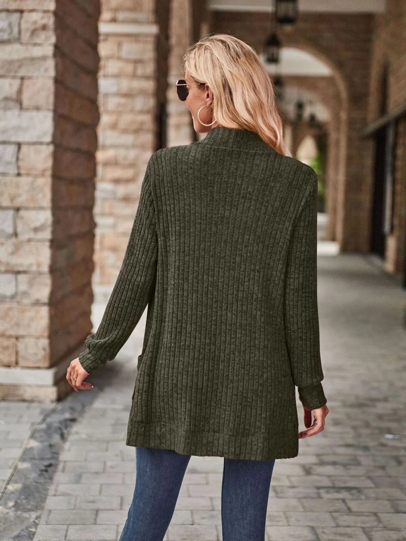 Ribbed Open Front Long Cardigan with Pockets - Tigbul's Variety Fashion Shop