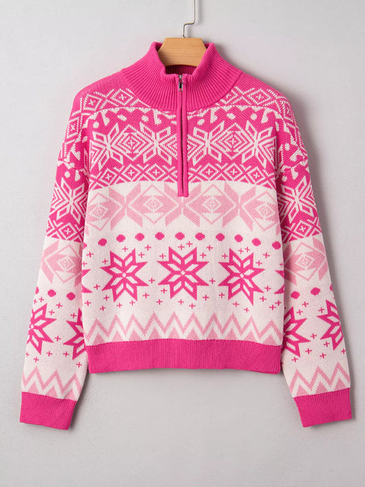 Christmas Snowflake Quarter Zip Collard Sweater - Tigbul's Variety Fashion Shop