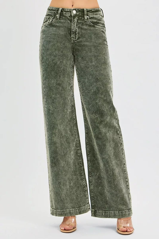 Green High Rise Wide Leg Corduroy Jeans Size 0 up to 3XL - Tigbul's Variety Fashion Shop