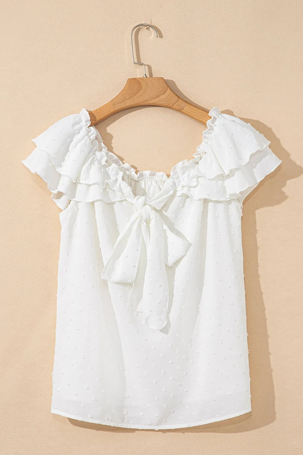 Off Shoulder Ruffle Knotted Detail Swiss Dot Blouse - Tigbul's Variety Fashion Shop