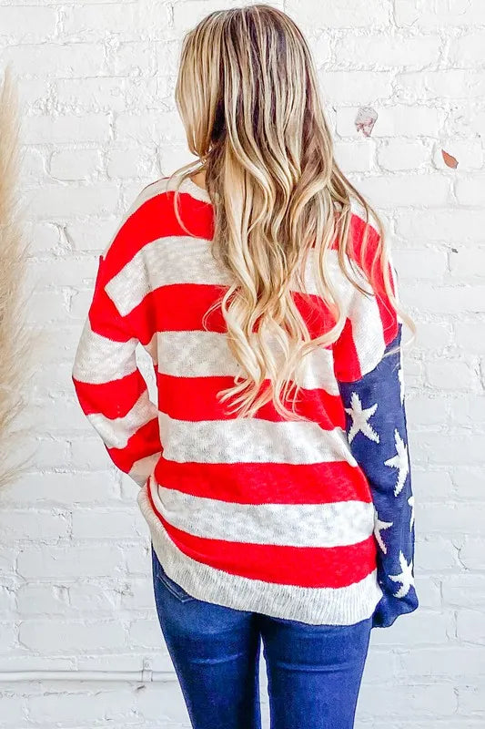 Red/Navy American Flag Long Sleeve Sweater - Tigbul's Variety Fashion Shop
