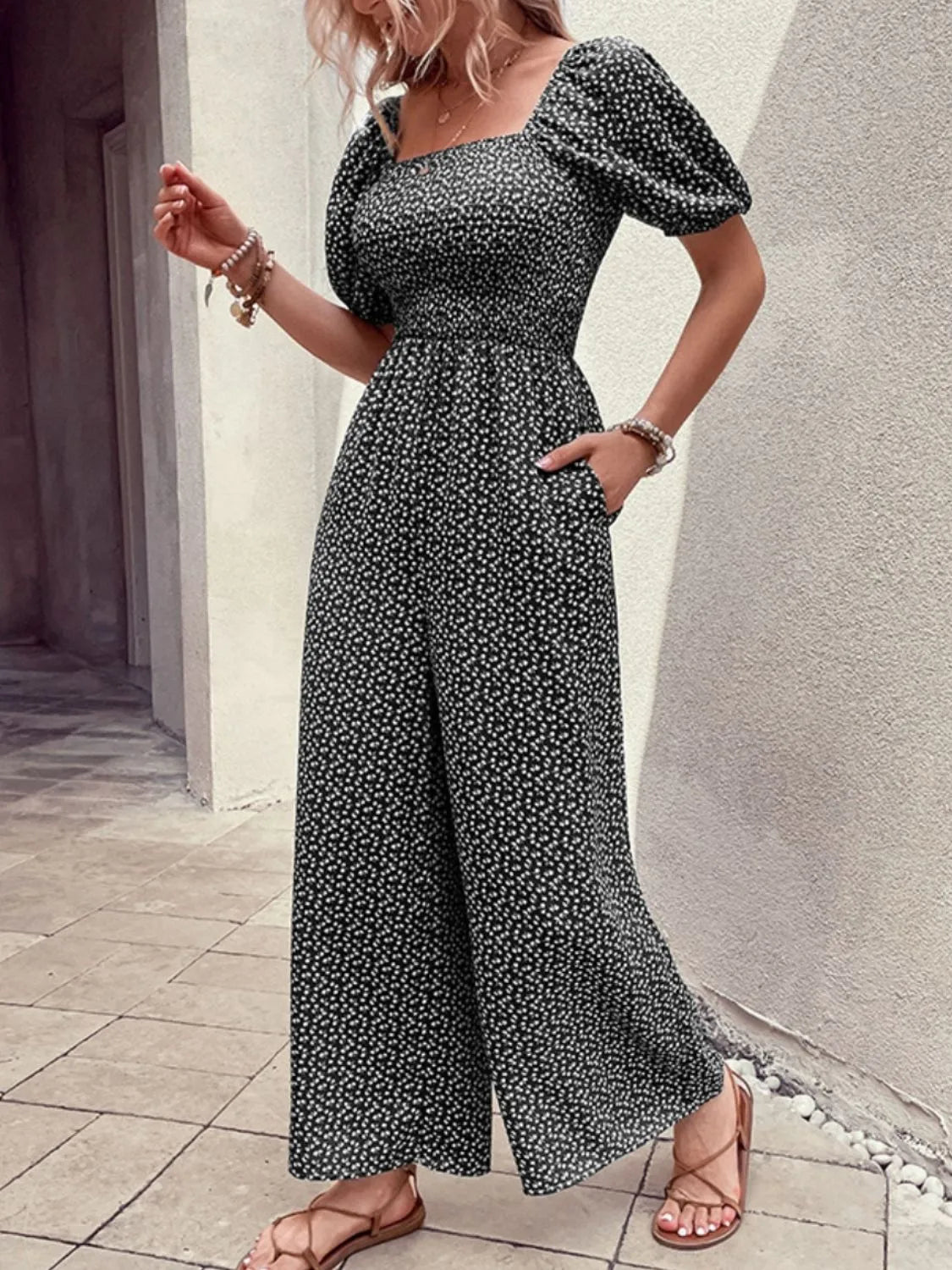 Printed Square Neck Puff Sleeve Jumpsuit - Tigbul's Variety Fashion Shop