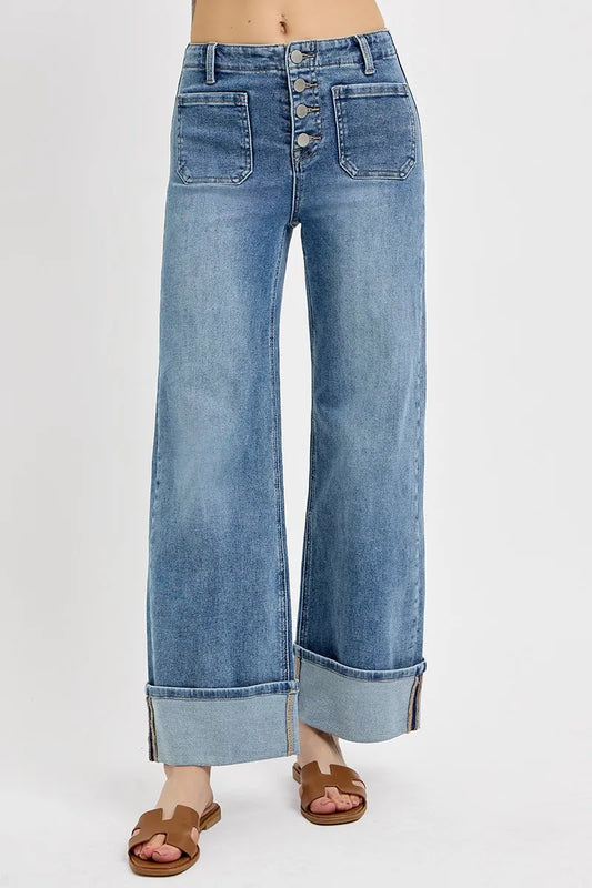 RISEN High Rise Ankle Wide Button Patch Pocket Cuffed Jeans - Tigbul's Variety Fashion Shop