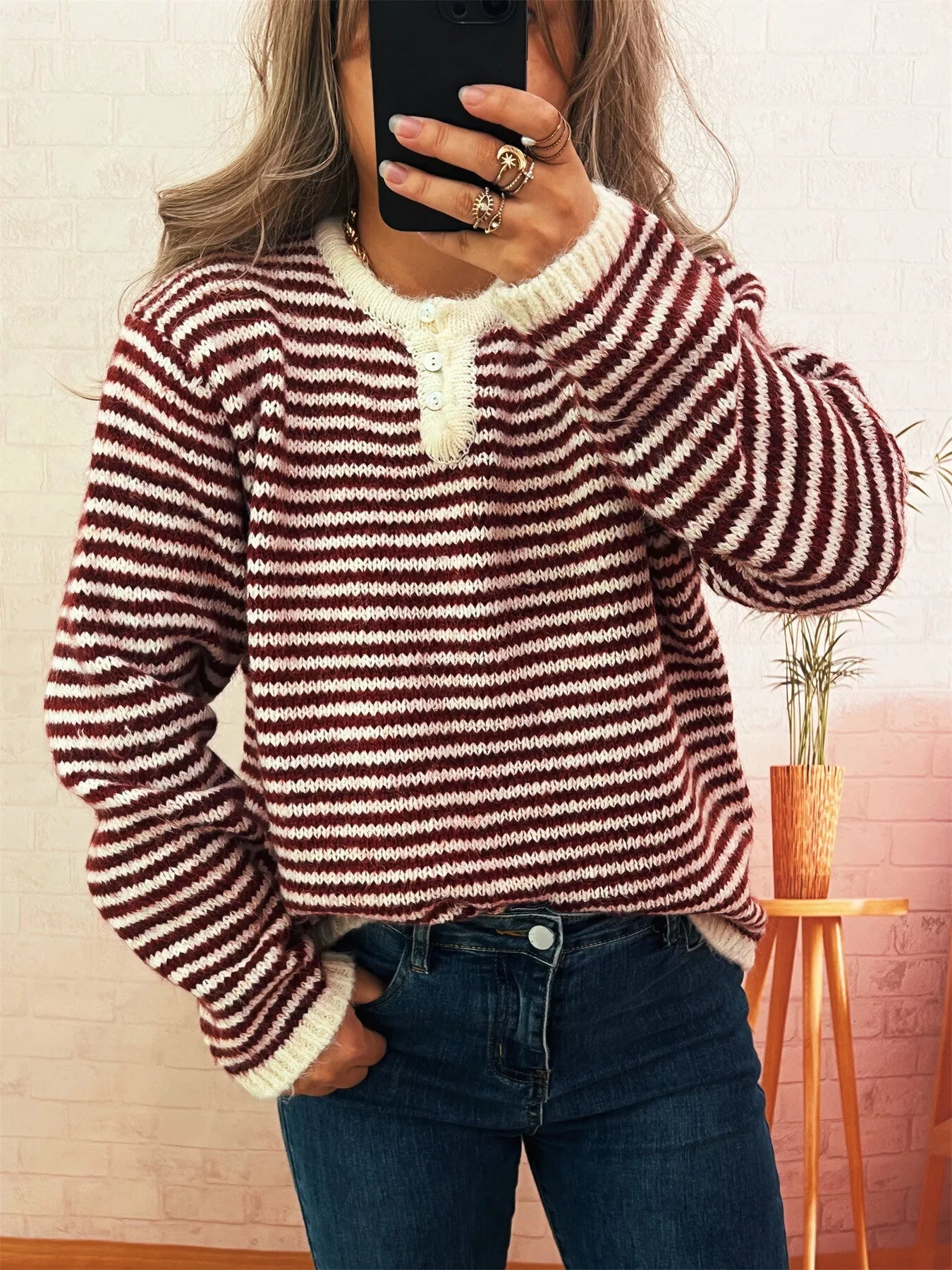 Striped Button Detail Long Sleeve Sweater - Tigbul's Variety Fashion Shop