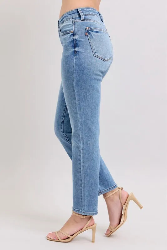 Judy Blue Full Size Mid Rise Vintage Wash Slim Jeans with Cell Phone Pocket Plus Size - Tigbul's Variety Fashion Shop