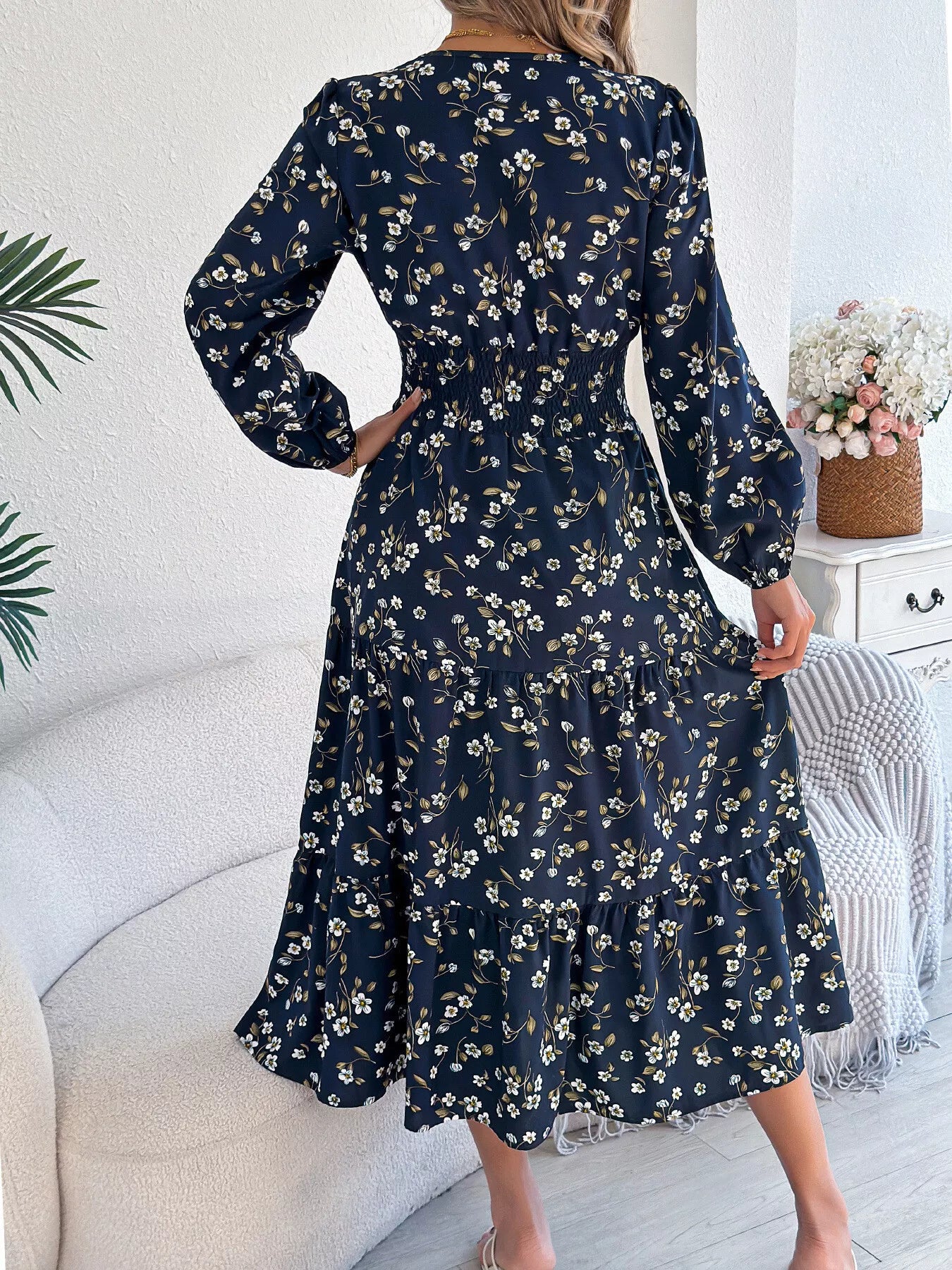 Floral Print Long Sleeve V-Neck Midi Dress - Tigbul's Variety Fashion Shop