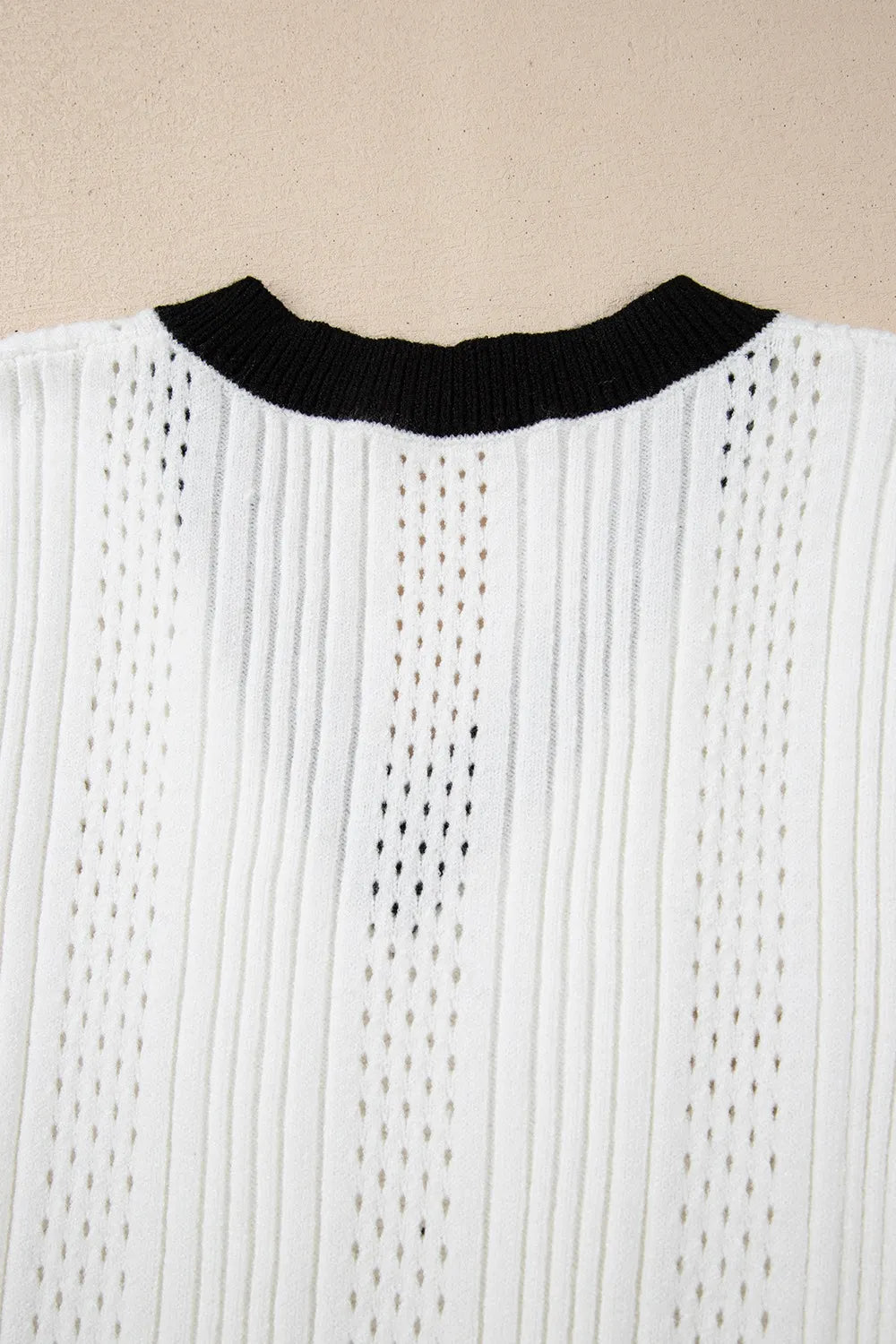 Contrast Trim Eyelet Knit V Neck White Sweater Vest - Tigbul's Variety Fashion Shop