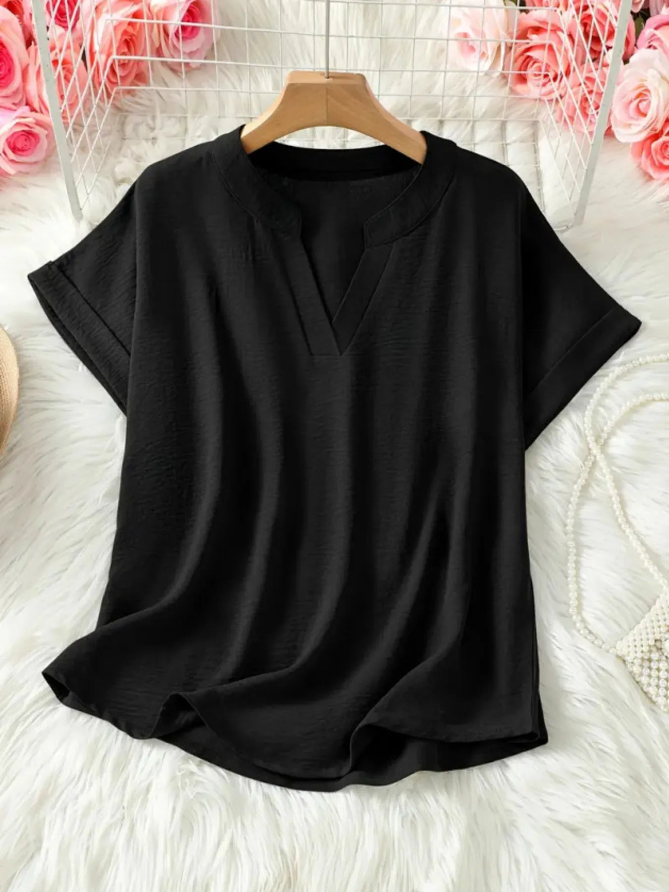 Casual Notched Short Sleeve Blouse - Tigbul's Variety Fashion Shop