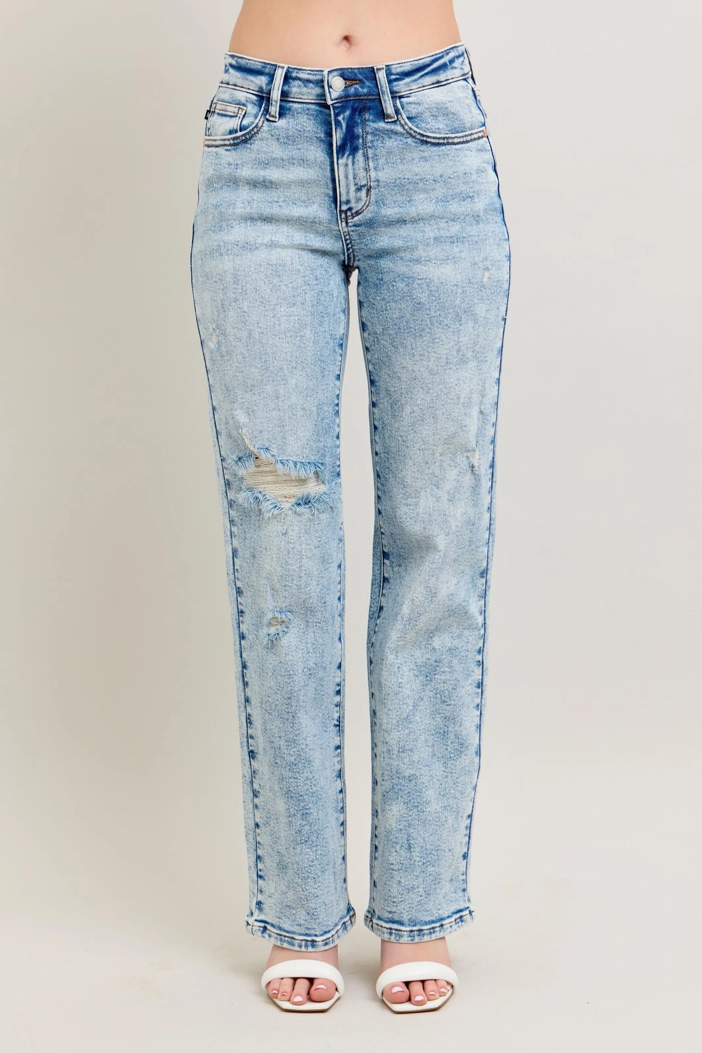 Judy Blue High Waist Mineral Wash Distressed 90's Straight Jeans - Tigbul's Variety Fashion Shop
