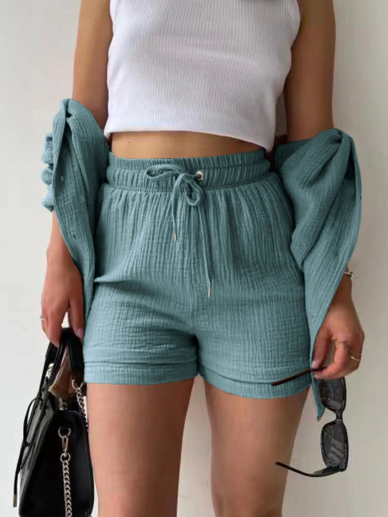 Textured Button Up Shirt and Shorts Set - Tigbul's Variety Fashion Shop