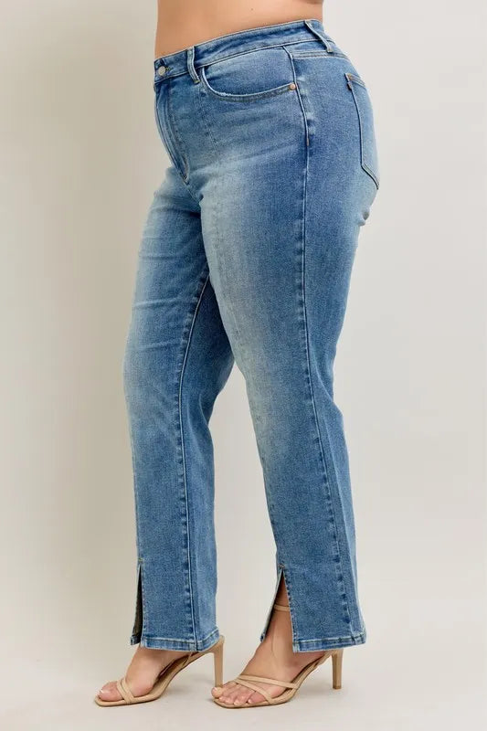 Judy Blue Full Size High Waist Vintage Wash Front Seam & Slit Straight Plus Size - Tigbul's Variety Fashion Shop