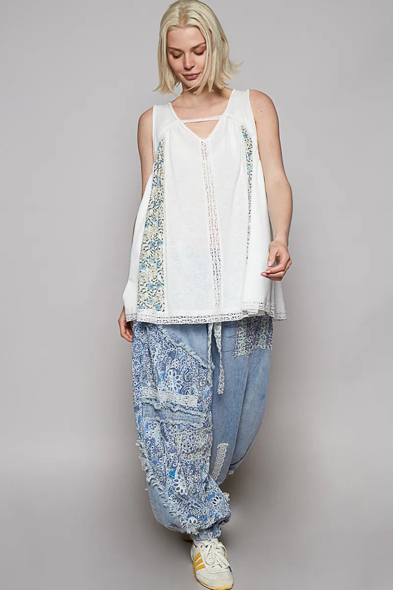 POL V Neck Sleeveless Tank Top with Lace Detail - Tigbul's Variety Fashion Shop