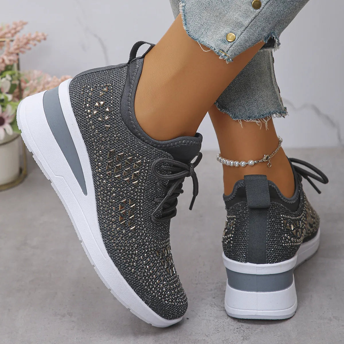 Breathable Mesh Rhinestone Wedge Athletic Sneakers - Tigbul's Variety Fashion Shop